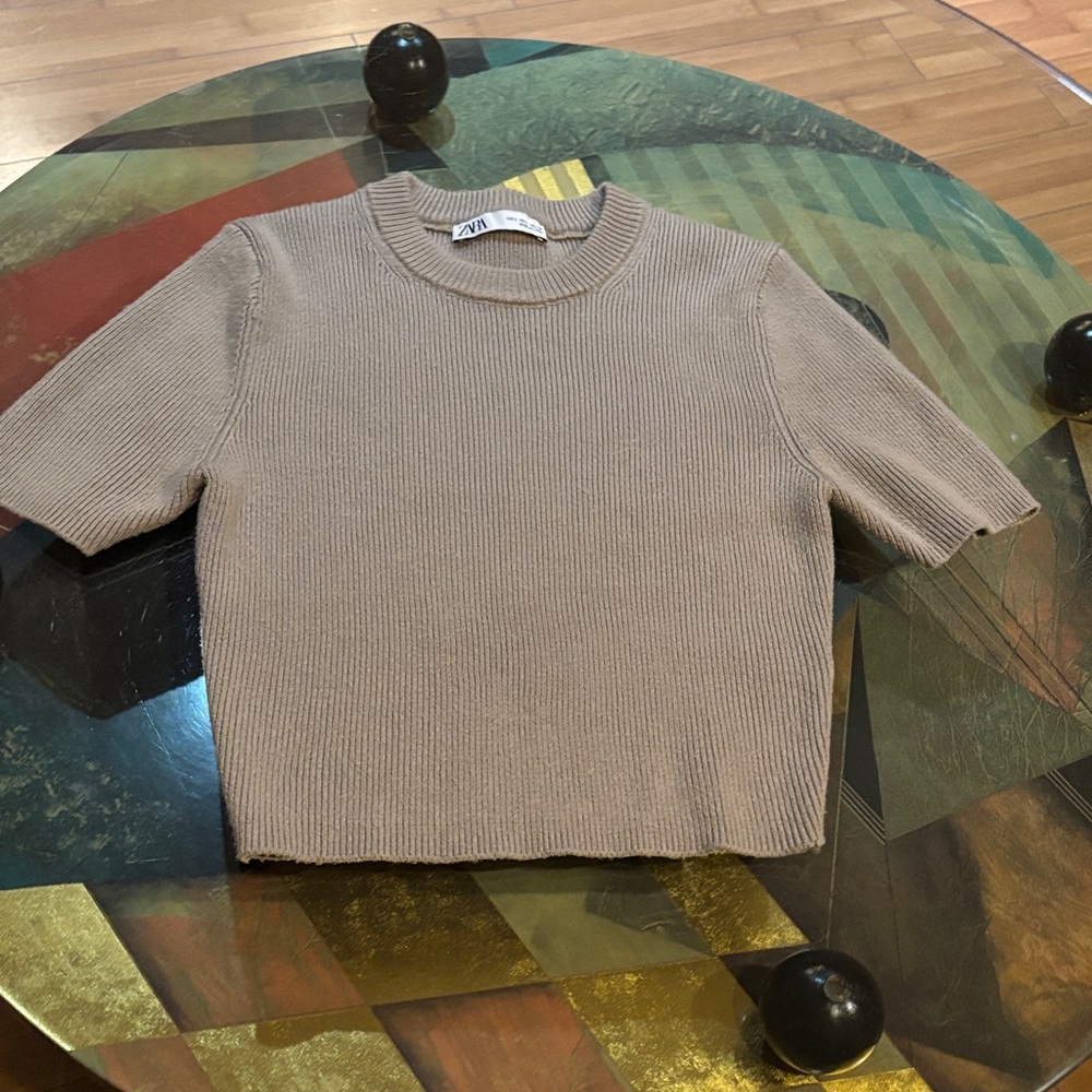 Zara Ribbed Knit Top in Taupe